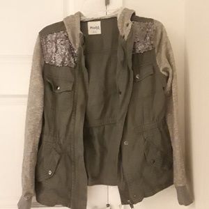 Sequined Army Green Jacket with Hood